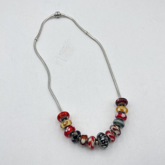 Pandora Style Silver Snake Chain Necklace With Colorful Murano Glass Beads w/Box - Picture 1 of 8